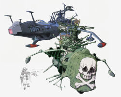  1boy 2025 absurdres arcadia commentary_request floating_cape harlock harlock_saga highres jolly_roger kujira_gunsou lineart pirate_ship science_fiction signature simple_background skull_and_crossbones spacecraft spacecraft_turret uchuu_kaizoku_captain_harlock vehicle_focus waga_seishun_no_arcadia white_background 