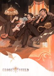  3boys beard black_hair black_suit black_vest blue_hair buggy_the_clown cheseely cigar commentary crocodile_(one_piece) crossed_legs cup dracule_mihawk facial_hair hair_slicked_back highres holding holding_cigar holding_cup hook_hand looking_at_viewer makeup male_focus multiple_boys one_piece ponytail red_nose short_hair sitting stitched_face stitches suit vest 