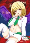  1boy angel angel_wings bead_necklace beads beatmania beatmania_iidx blonde_hair blush character_name demon_boy demon_horns feathered_wings gradient_wings green_necktie green_ribbon halo highres horns jewelry long_sleeves looking_at_viewer male_focus mars_symbol marumaru_uhuhu medium_hair midriff multicolored_wings navel necklace necktie open_mouth otoko_no_ko purple_wings rche_(beatmania) red_eyes ribbon shorts sitting smile star_(symbol) star_halo thigh-highs white_shorts white_thighhighs wings 