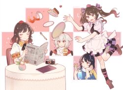  5girls @_@ animal_ears apron armband black_hair black_necktie black_ribbon black_skirt black_socks blonde_hair brown_hair bunbunmaru cake camera chair checkered_clothes checkered_skirt closed_eyes collared_shirt commentary_request cup drinking_glass drinking_straw food fork fox_ears geta hair_ribbon hat head_rest highres himekaidou_hatate iizunamaru_megumu inubashiri_momiji kneehighs kudamaki_tsukasa long_hair medium_hair mozukuzu_(manukedori) multiple_girls neck_ribbon necktie newspaper open_mouth parfait pink_shirt pointy_ears puffy_short_sleeves puffy_sleeves purple_hat purple_ribbon purple_skirt red_eyes red_hat ribbon shameimaru_aya shirt short_hair short_sleeves skirt socks table teacup tengu-geta tokin_hat touhou tray tripping twintails violet_eyes white_apron white_hair white_shirt wolf_ears 
