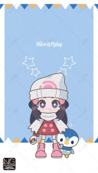  +_+ 1girl beanie bird black_hair black_thighhighs blue_eyes blue_hair blush boots closed_mouth commentary_request floating_scarf hair_ornament hairclip hat highres hikari_(pokemon) holding holding_poke_ball long_hair looking_at_viewer meme_(sleepsheep) penguin pink_boots pink_skirt piplup poke_ball poke_ball_(basic) poke_ball_print pokemon pokemon_(creature) pokemon_dppt poketch red_scarf scarf shirt skirt sleeveless smile symbol-shaped_pupils thigh-highs watch watch waving white_hat 