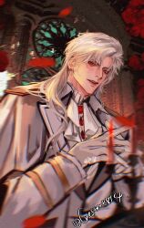  1boy ascot chestnut814 coat commentary english_commentary falling_petals fang flower gem gloves grey_coat hair_between_eyes highres long_hair looking_at_viewer love_and_deepspace male_focus official_alternate_costume official_alternate_hair_length official_alternate_hairstyle open_mouth own_hands_together parted_bangs petals red_eyes red_flower red_gemstone red_petals smile solo sylus_(love_and_deepspace) twitter_username upper_body white_ascot white_gloves white_hair 