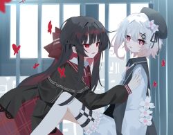  2girls black_shirt bug butterfly colored_inner_hair flower garter_straps gradient_hair hair_flower hair_ornament hashtag-only_commentary hat highres long_hair looking_at_another looking_at_viewer mahou_shoujo_no_majo_saiban multicolored_hair multiple_girls nikaido_hiro pink_hair red_eyes red_hair sakuraba_ema shirt short_hair sitting thigh_strap zizhucan 