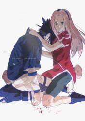 1boy 1girl bike_shorts black_hair blood blood_splatter blue_hairband blue_shoes chinese_commentary commentary_request forehead_protector green_eyes hairband haruno_sakura highres kneeling naruto_(classic) naruto_(series) niku_(ni23ku) open-toe_shoes pink_hair pouch shoes shorts sitting twitter_username uchiha_sasuke wariza weibo_username white_shorts 