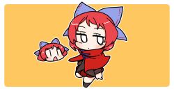  0_0 1girl black_shirt black_shoes blue_bow blush border bow cape chibi chibi_only closed_mouth commentary full_body hair_bow high_collar ini_(inunabe00) jitome long_sleeves looking_at_viewer multiple_views open_mouth outline outside_border red_cape red_hair red_skirt sekibanki shirt shoes short_hair simple_background skirt standing touhou v-shaped_eyebrows white_border white_outline yellow_background |_| 