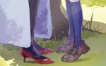  2girls aoi_erika black_thighhighs blue_socks brown_footwear cape feet foot_focus grass heaven_burns_red height_difference high_heels highres implied_kiss loafers minase_ichigo multiple_girls outdoors red_footwear shadow shoes socks thigh-highs tree wbon white_cape yuri 