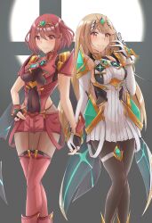  2girls absurdres armor bare_shoulders black_gloves black_pantyhose blonde_hair bob_cut breasts chest_jewel commentary_request core_crystal_(xenoblade) dress earrings elbow_gloves fingerless_gloves floating_earrings gloves hand_on_own_hip hand_up highres impossible_clothes jewelry katou_shin'ya_(gingin_power) large_breasts long_hair microdress multiple_girls mythra_(massive_melee)_(xenoblade) mythra_(xenoblade) neon_trim pantyhose pantyhose_under_shorts pyra_(xenoblade) red_eyes red_hair red_shorts red_thighhighs short_hair short_sleeves shorts shoulder_armor smile super_smash_bros. swept_bangs thigh-highs thigh_strap thighhighs_over_pantyhose tiara very_long_hair white_dress white_gloves xenoblade_chronicles_(series) xenoblade_chronicles_2 yellow_eyes 