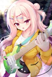  1girl belt black_shorts blush brown_belt checkered_floor chestnut_mouth commentary cowboy_shot crop_top dutch_angle eyelashes eyes_visible_through_hair floating_hair foreshortening guitar hair_between_eyes hair_bun hair_ornament hairclip hakutocake hand_up harumi_ena highres holding holding_guitar holding_instrument holding_plectrum instrument jacket limelight_lemonade_jam long_hair long_sleeves midriff music navel one_side_up open_clothes open_jacket open_mouth parallel_hairclips pink_hair playing_guitar playing_instrument plectrum red_eyes shirt shorts signature single_side_bun solo spotlight stage star_(symbol) star_hair_ornament twitter_username very_long_hair watermark white_shirt yellow_jacket zettai_ryouiki 