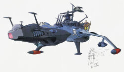  1boy 2025 absurdres arcadia commentary_request floating_cape harlock harlock_saga highres jolly_roger kujira_gunsou lineart pirate_ship science_fiction signature simple_background skull_and_crossbones spacecraft spacecraft_turret uchuu_kaizoku_captain_harlock vehicle_focus white_background 