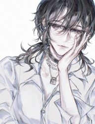  1girl black_choker black_hair breasts buttons chain chain_necklace chinese_commentary choker closed_mouth commentary_request deren_(path_to_nowhere) dress_shirt glasses hair_between_eyes hand_on_own_cheek hand_on_own_face highres jewelry lock long_hair long_sleeves looking_at_viewer medium_breasts messy_hair multiple_necklaces necklace over-rim_eyewear padlock path_to_nowhere rectangular_eyewear semi-rimless_eyewear shirt simple_background solo tangxi upper_body variant_set white_background white_shirt 