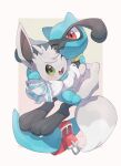  absurdres alternate_color belt blush border eevee highres no_humans nullma one_eye_closed open_mouth pokemon pokemon_(creature) red_belt riolu shiny_pokemon simple_background white_border 