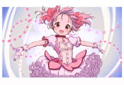  1girl asukaru_(magika_ru) blush dress feet_out_of_frame gem gloves happy highres kaname_madoka kaname_madoka_(magical_girl) mahou_shoujo_madoka_magica open_mouth pink_dress pink_hair red_eyes short_hair smile solo standing white_gloves 
