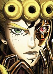  1boy blonde_hair colored_skin crack cracked_kawaii_mask earrings giorno_giovanna gold_experience gold_skin green_eyes hashtag-only_commentary heterochromia highres jewelry jojo_no_kimyou_na_bouken lower_eyelashes_only male_focus parted_lips piercing portrait red_eyes sanpaku stand_(jojo) stud_earrings twitter_username vento_aureo zu_okr 