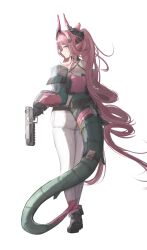 1girl absurdres ankle_boots aqua_sleeves arknights arknights:_endfield bare_shoulders black_boots black_horns black_sleeves blue_eyes boots closed_mouth commentary crop_top detached_sleeves from_behind full_body gun hair_ornament highres holding holding_gun holding_weapon horns long_hair long_sleeves looking_at_viewer multicolored_horns multicolored_sleeves off_shoulder pants pink_boots pink_hair pink_horns pink_sleeves pointy_ears simple_background solo standing tail twitter_username two-tone_horns vincentime weapon white_background white_pants yvonne_(arknights) 
