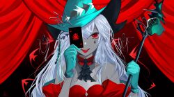 1girl absurdres ace_(playing_card) ace_of_hearts angelfish aqua_gloves aqua_hat arknights ascot bare_shoulders black_ascot card clothing_cutout curtains detached_collar detached_sleeves dress envy_baby_(vocaloid) facial_mark fish gloves hair_between_eyes hat heart highres holding holding_card holding_staff long_hair looking_at_viewer off-shoulder_dress off_shoulder official_alternate_costume playing_card portrait red_dress red_eyes red_sleeves rossweisserita3 signature skadi_(arknights) skadi_the_corrupting_heart_(arknights) solo staff stage stage_curtains teardrop_facial_mark tongue tongue_out very_long_hair white_hair 