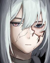  18trip 1boy azekawa_kinari blue_eyes blue_hair bob_cut choker close-up cracked_kawaii_mask cracked_mask expressionless hair_between_eyes highres male_focus medium_hair nono0000018 sidelocks solo white_choker 