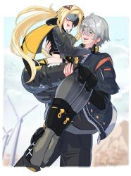 1boy 1girl carrying_person happy long_hair princess_carry short_hair trigger_(zenless_zone_zero) visor wise_(zenless_zone_zero) zenless_zone_zero