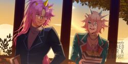  2boys absurdres black_jacket blue_eyes book commentary commission english_commentary glasses green_jacket hair_between_eyes highres holding holding_book horns jacket kuraedo long_hair looking_at_another male_focus monocle multiple_boys nose open_mouth original parted_bangs pink_eyes pink_hair short_hair smile vgen_commission watermark 