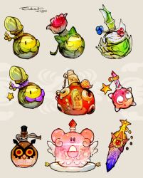  absurdres alternate_color blissey bottle budew closed_eyes commentary_request egg eyelashes flower gem grey_background highres hoothoot minior minior_(core) minior_(red_core) no_humans official_alternate_color pokemon pokemon_(creature) red_flower red_gemstone roselia_(pokemon) roserade shiny_pokemon shuckle signature simple_background smile star_(symbol) staryu sukepmonster 