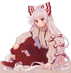  1girl arm_on_knee arm_strap bow closed_mouth collared_shirt commentary_request fujiwara_no_mokou full_body grey_hair grey_shirt hair_bow hand_on_ground highres juliet_sleeves knee_up light_blush long_hair long_sleeves looking_at_viewer mozukuzu_(manukedori) multiple_hair_bows ofuda ofuda_on_clothes pants puffy_sleeves red_bow red_eyes red_pants red_shoes shirt shoes simple_background sitting smile solo suspenders touhou twitter_username very_long_hair white_background white_bow 