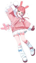  1girl absurdres animal_ear_hairband animal_ears aran_sweater blunt_bangs bow_legwear braid cable_knit commentary fake_animal_ears full_body fur-trimmed_sleeves fur_hood fur_trim green_eyes hair_intakes hair_ornament hair_over_shoulder hairband hairclip hanako_nana highres holding holding_snowball hood hood_down hooded_sweater leg_warmers long_hair long_sleeves looking_at_viewer miniskirt mittens multicolored_hair open_mouth parallel_hairclips peto_(hanako_nana) pink_hair pink_sweater pleated_skirt pom_pom_(clothes) rabbit rabbit_ear_hairband rabbit_ears shoes simple_background skirt smile snow snowball solo standing stellive streaked_hair sweater twin_braids virtual_youtuber white_background white_hairband white_leg_warmers white_shoes white_skirt x_hair_ornament yireh 
