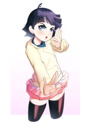  1girl absurdres antenna_hair balcony black_thighhighs blue_eyes boruto:_naruto_next_generations commentary cowboy_shot cropped_legs facial_mark fighting_stance frilled_skirt frills highres hood hoodie mikado_ryouma miniskirt naruto_(series) pink_skirt short_hair skirt solo thigh-highs uzumaki_himawari v-shaped_eyebrows whisker_markings yellow_hoodie zettai_ryouiki 
