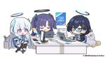  3girls :d black_pantyhose blue_archive blue_hair blush book chair chibi chihiro_(blue_archive) closed_eyes computer glasses hair_ornament halo holding holding_pen keyboard_(computer) laptop long_hair monitor mouse_(computer) multiple_girls nemomo noa_(blue_archive) open_book pantyhose pen purple_hair sitting smile stuffed_toy sweatdrop two_side_up violet_eyes yuuka_(blue_archive) 