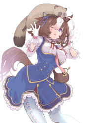  1girl ahoge animal_ears animal_on_head bag between_breasts breasts brown_hair commentary_request cowboy_shot ear_ribbon gloves hair_between_eyes hairband hands_up highres horse_ears horse_girl horse_tail long_sleeves meisho_doto_(turbulent_blue)_(umamusume) meisho_doto_(umamusume) mozu_(peth) multicolored_hair on_head one_eye_closed open_mouth pink_hairband raccoon shoulder_bag simple_background solo strap_between_breasts tail two-tone_hair umamusume violet_eyes white_background white_gloves white_hair 
