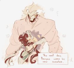  1boy 1girl alternate_costume antique_phone banyue_(zenless_zone_zero) bare_shoulders black_hair blush braid braided_twintails cable china_dress chinese_clothes closed_eyes clothed_robot detached_sleeves dialyn_(zenless_zone_zero) double_bun dress english_text floral_print grey_background grey_hair hair_bun hair_extensions hair_ornament hairclip hashtag-only_commentary highres hug humanoid_robot long_hair mechanical_hands metal_skin multicolored_hair multicolored_nails notice_lines open_mouth papertrlck phone pink_sweater ring_hair_extensions robot robot_boy rotary_phone simple_background split-color_hair sweater white_dress white_hair zenless_zone_zero 