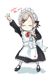  1girl absurdres apron black_dress black_shoes blush_stickers bow ceras_yanagida_lilienfeld cho_toutoi_love closed_mouth commentary deformed dress finger_counting frilled_apron frills full_body grey_hair hair_ornament highres holding link!_like!_love_live! long_dress long_sleeves love_live! maid maid_apron maid_headdress mary_janes mendo_(mend0o0) middle_w official_alternate_costume shoes simple_background smile solo symbol-only_commentary v-shaped_eyebrows virtual_youtuber w white_apron white_background white_bow x_hair_ornament 