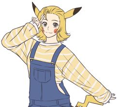  1girl animal_ears blonde_hair blush_stickers brown_eyes closed_mouth commentary english_commentary kirby_otaku long_sleeves looking_at_viewer overalls personification pikachu pokemon shirt simple_background smile solo striped_clothes striped_shirt tail transparent_background yellow_shirt 