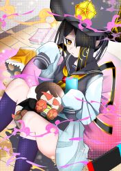  1girl absurdres adapted_costume black_hair black_hat black_sailor_collar breasts brown_eyes chips_(food) commentary_request fate/grand_order fate_(series) food hair_over_one_eye hat highres kitsunebi44410 kneehighs lady_yu_doll long_sleeves looking_at_viewer mole mole_under_eye potato_chips puffy_short_sleeves puffy_sleeves sailor_collar school_uniform serafuku shirt short_hair short_sleeves sitting small_breasts socks solo space_xu_fu_(fate) white_shirt xu_fu_(fate) 