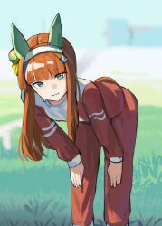  1girl animal_ears blue_eyes blunt_bangs brown_hair commentary_request hairband hand_on_own_thigh highres horse_ears horse_girl horse_tail jacket leaning_forward long_hair long_sleeves multicolored_jacket pants parted_lips red_jacket red_pants silence_suzuka_(umamusume) smile solo solokitsune sweat tail track_jacket two-tone_jacket umamusume white_hairband white_jacket 