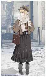  1girl arknights bag black_pantyhose black_skirt blush boots breath brown_boots brown_eyes brown_hair brown_hat brown_jacket closed_mouth commentary corrupted_twitter_file cup disposable_coffee_cup disposable_cup drinking_glass english_commentary fringe_trim grey_scarf hat highres holding holding_cup jacket long_hair long_sleeves looking_to_the_side muelsyse_(arknights) muxuan newsboy_cap open_clothes open_jacket outdoors pantyhose pointy_ears puffy_long_sleeves puffy_sleeves scarf shoulder_bag skirt snow snowing solo sweater_vest twitter_username 