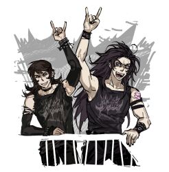  2boys \n/ abaddon_(haunted_hotel) aged_up arm_up black_hair black_nails black_shirt black_tank_top bracelet brown_hair chinese_commentary choker commentary_request cowboy_shot ear_piercing fangs fence grin haunted_hotel highres jewelry long_hair looking_at_another male_focus multiple_boys ok_k.o.!_let's_be_heroes piercing red_eyes repeeksdnuorg shirt smile spiked_bracelet spikes t.k.o. tank_top torn_clothes torn_sleeves trait_connection violet_eyes white_background 