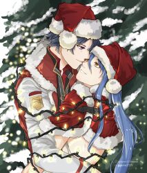  1boy 1girl black_hair blue_hair capelet christmas_lights christmas_tree closed_mouth commission double-parted_bangs eiyuu_densetsu english_commentary fur-trimmed_capelet fur-trimmed_headwear fur_trim hair_between_eyes hat highres hug instagram_logo instagram_username laura_s._arseid long_single_sidelock long_sleeves merry_christmas parted_bangs parted_lips patreon_logo patreon_username rean_schwarzer red_hat santa_costume santa_hat sen_no_kiseki_(series) sierra117renner single_sidelock sleeveless smile twitter_username twitter_x_logo upper_body violet_eyes watermark yellow_eyes 