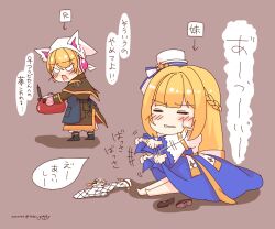  1boy 1girl animal_ear_headphones animal_ears arch_bishop_(ragnarok_online) black_shoes blonde_hair blue_dress blush bow brown_coat cat_ear_headphones cat_ears chibi chibi_only closed_eyes coat commentary_request cooking_pot dated dress fake_animal_ears fishnet_thighhighs fishnets full_body hat hat_bow hat_ornament headphones holding holding_cooking_pot juliet_sleeves long_hair long_sleeves mechanic_(ragnarok_online) open_mouth pillbox_hat puffy_sleeves ragnarok_masters ragnarok_online sakuraji_tomoka shoes short_hair simple_background sitting standing star_(symbol) star_hat_ornament striped_bow thigh-highs tournament_bracket translation_request two-tone_dress unworn_shoes unworn_thighhighs white_bow white_dress white_hat white_thighhighs 