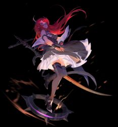  1girl absurdres arknights bare_shoulders black_background black_dress black_horns black_thighhighs breasts burnt_clothes chest_strap collar demon_girl demon_horns dress fingerless_gloves floating floating_hair gloves hair_between_eyes hair_intakes high_heels highres horns infection_monitor_(arknights) lava long_hair looking_at_viewer murray open_mouth red_hair simple_background solo spiked_collar spikes surtr_(arknights) sword thigh-highs very_long_hair violet_eyes weapon zettai_ryouiki 