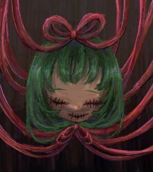  1girl absurdres choppy_bangs closed_eye front_ponytail hair_ribbon head_only highres impressionism kagiyama_hina monochrome_background omaega_chan out_of_frame red_ribbon ribbon short_bangs solo stitched_eye stitched_mouth stitches straight-on touhou 