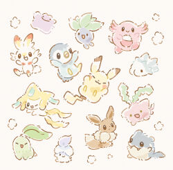  :3 :d :o ^_^ absurdres arms_up bird black_eyes candle chansey chikorita closed_eyes closed_mouth commentary_request ditto eevee egg fangs fangs_out full_body highres hoppip jirachi leaf litwick looking_at_viewer mofucoffee no_humans oddish one_eye_closed open_mouth penguin pikachu piplup pokemon pokemon_(creature) rabbit scorbunny simple_background sitting smile snom solid_circle_eyes spheal tanzaku white_background 