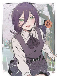  1girl blouse blush bow bowtie buttons chainsaw_man collared_shirt commentary_request green_eyes hair_between_eyes hair_bun highres illust_tyousen long_hair long_hair_between_eyes long_sleeves pochita_(chainsaw_man) reze_(chainsaw_man) school_uniform shirt shirt_tucked_in single_hair_bun smile white_shirt wing_collar 