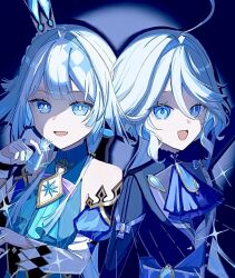  2girls ahoge bare_shoulders blue_dress blue_eyes blue_hair breasts cerydra_(honkai:_star_rail) chess_piece commentary company_connection crown detached_sleeves dress furina_(genshin_impact) genshin_impact heterochromia highres honkai:_star_rail honkai_(series) long_hair looking_at_viewer medium_breasts multiple_girls open_mouth ponytail smile symbol-only_commentary upper_body 