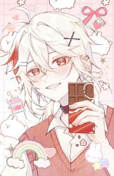  1boy blush brown_choker chocolate choker commentary earrings food genshin_impact hair_between_eyes hair_ornament hairclip holding holding_chocolate holding_food jewelry kaedehara_kazuha long_hair male_focus multicolored_hair open_mouth red_eyes red_hair red_sweater_vest shirt solo streaked_hair sweater_vest symbol-only_commentary white_hair white_shirt x_hair_ornament yasu_san21 