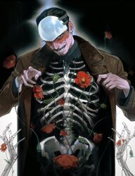  1boy absurdres black_hair blue_octopus12 coat commentary_request cowboy_shot facial_hair flower forehead_protector goatee golden_kamuy grey_eyes grin highres long_sleeves looking_at_viewer male_focus mustache open_mouth red_flower revision scar scar_on_face shirt short_hair skeleton smile solo tsurumi_tokushirou 