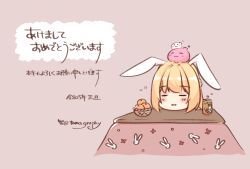  1girl :3 animal_ears arch_bishop_(ragnarok_online) blush can chibi chibi_only closed_eyes commentary_request creature_on_head eyes_visible_through_hair fake_animal_ears food fruit grey_background kotatsu long_hair mandarin_orange open_mouth poring rabbit_ears ragnarok_masters ragnarok_online sakuraji_tomoka simple_background slime_(creature) smile solo table translation_request 