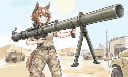  1girl animal_ears belt brown_eyes brown_hair brown_shirt camouflage camouflage_pants character_request commentary_request desert desert_camouflage ear_ribbon feet_out_of_frame finger_on_trigger green_belt grin hair_between_eyes holding holding_rocket_launcher holding_weapon horse_ears horse_girl horse_tail humvee kisaragi_shokuin m40_recoilless_rifle military_fatigues military_uniform motor_vehicle pants rocket_launcher shirt short_hair short_sleeves smile solo tail truck umamusume weapon 