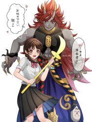  1boy 1girl amano_natsume arm_tattoo black_skirt blue_pants bow bowtie braid brown_eyes brown_hair colored_skin commentary_request earrings facial_mark forehead_mark fur_wrist_cuffs grey_skin highres holding holding_weapon hoop_earrings horns jewelry light_smile long_hair looking_at_viewer low_twin_braids mark_under_both_eyes oni pants pink_bow pink_bowtie pleated_skirt red_eyes red_hair sakura_middle_school_uniform school_uniform shirt shutendouji_(shadowside) simple_background skin-covered_horns skirt sleeveless sleeveless_shirt spiky_hair standing summer_uniform tattoo translation_request tsurime twin_braids watch weapon white_background white_shirt wrist_cuffs yagne_yokai youkai_(youkai_watch) youkai_watch youkai_watch_(object) youkai_watch_shadowside 