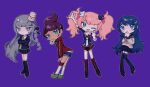  4girls arm_up asahina_aoi bear_hair_ornament black_footwear black_necktie black_ribbon black_shirt blonde_hair blue_hair blue_sailor_collar blue_skirt blue_theme blush boots braid chibi cup_ramen_on_head danganronpa:_trigger_happy_havoc danganronpa_(series) enoshima_junko food food_on_head green_eyes grey_hair grey_necktie grey_shirt hair_ornament hair_ribbon highres jacket kara_aren kirigiri_kyouko knee_boots long_hair maizono_sayaka miniskirt multiple_girls necktie object_on_head plaid plaid_skirt pleated_skirt purple_background ramen red_jacket red_skirt redhead ribbon sailor_collar shirt shoes short_hair shorts side_braid simple_background skirt socks twintails v white_socks 