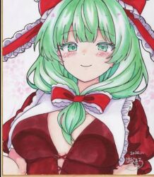  1girl bow commentary_request front_ponytail green_eyes green_hair hair_bow hair_ribbon hoshi_tea_party kagiyama_hina looking_at_viewer pink_background red_bow red_ribbon ribbon solo touhou 