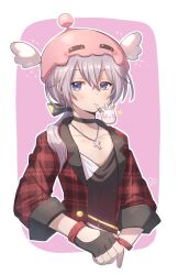  1boy adapted_costume angeling bandam black_gloves black_shirt blush coat commentary_request cropped_torso cross cross_necklace fingerless_gloves gloves hair_between_eyes hair_over_shoulder highres jewelry looking_at_viewer male_focus necklace plaid_clothes plaid_coat priest_(ragnarok_online) purple_background ragnarok_online ragnarok_origin red_coat shirt smoking_pipe solo two-tone_background upper_body white_background 